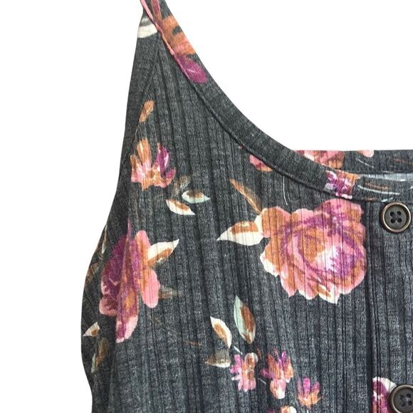 Maurice's XS Floral Print Button Front Ribbed Romper Gray Pink Sleeveless‎ - Picture 2 of 5